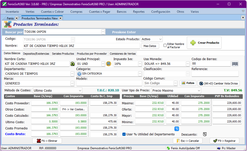 Vista del sistema FenixSoft 360 - Módulo de Inventarios